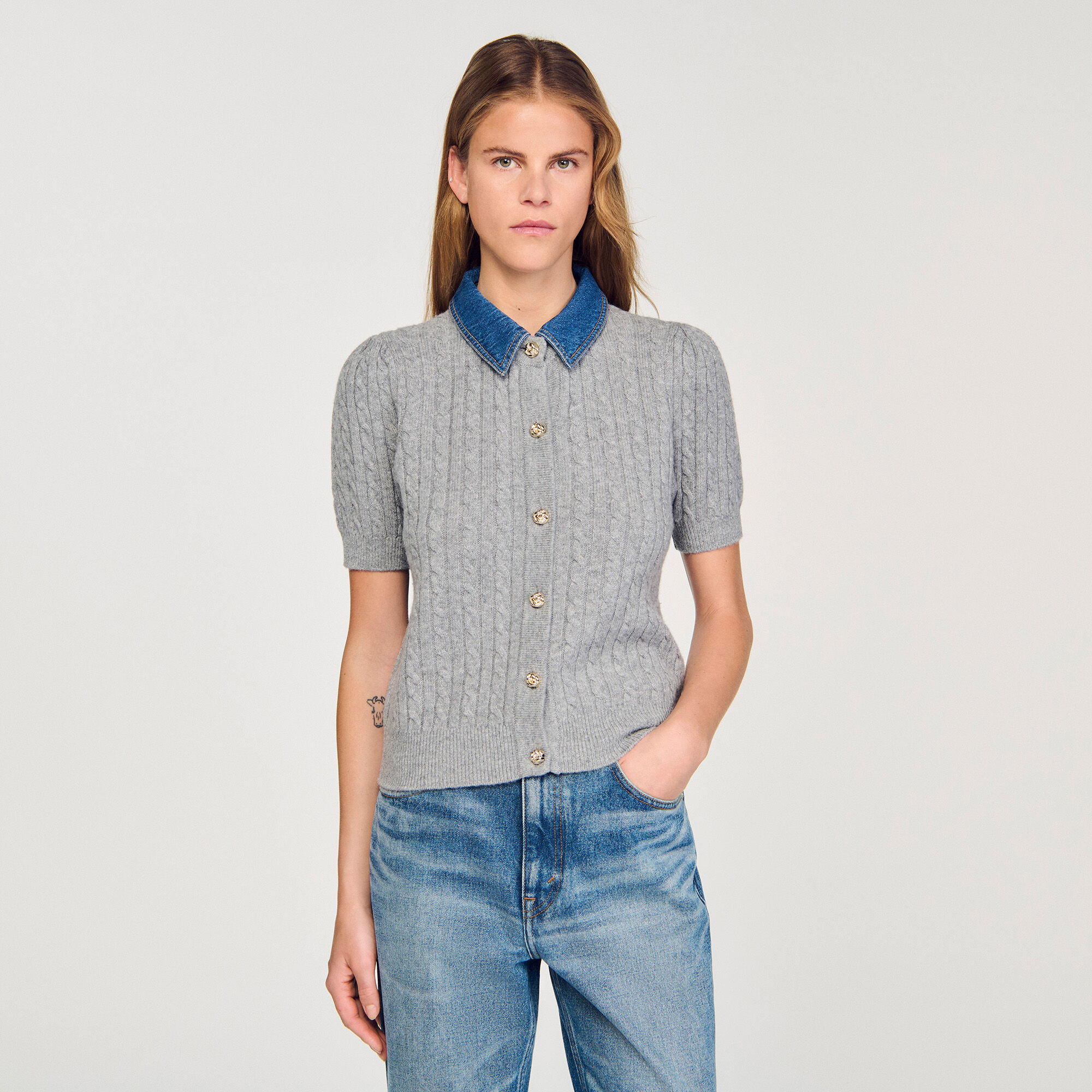 Kardigan med lossbar jeanskragen