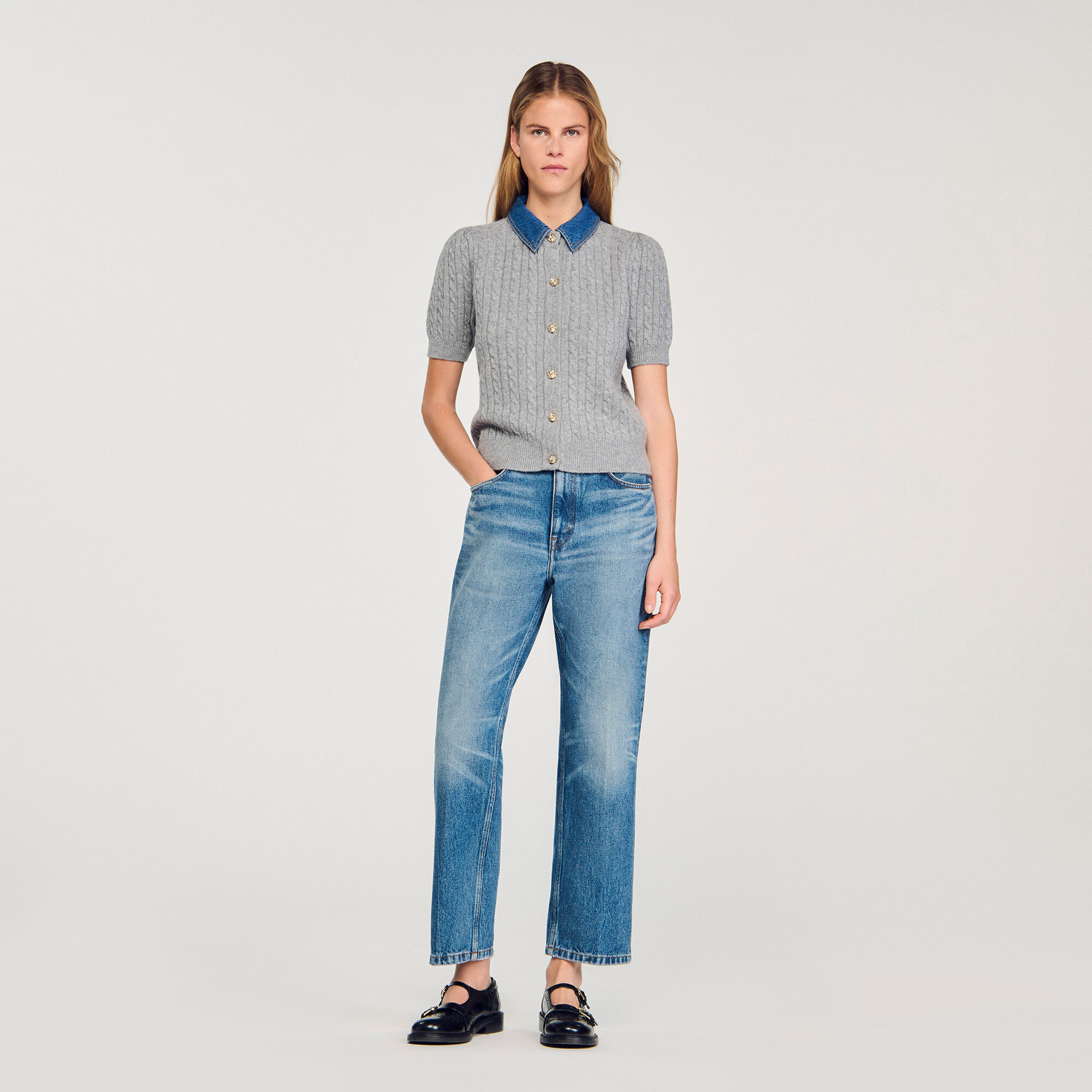 Kardigan med lossbar jeanskragen