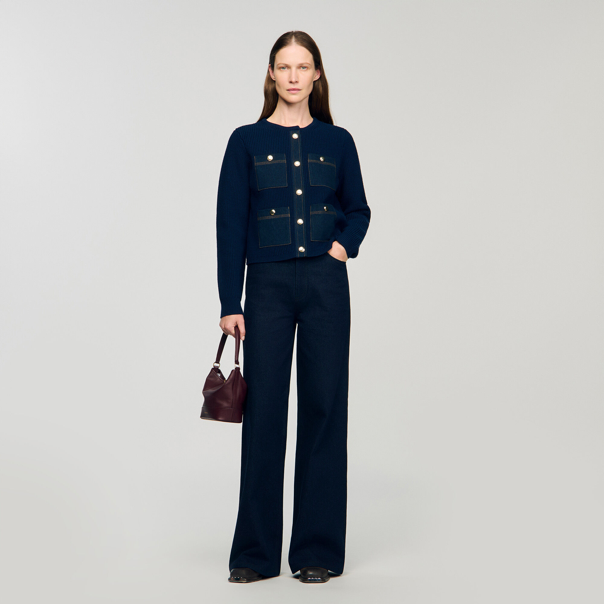 Denimdetaljer ribbknäppt cardigan